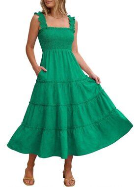 Caracilia Women's Green Square Neck Sleeveless Eyelet Smocked Tiered Midi Dress